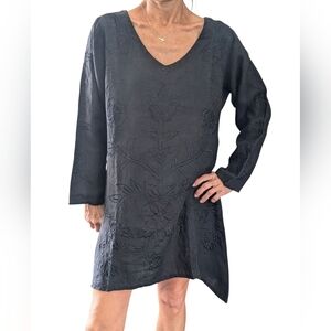 Vintage 90s Heart’s Desire Linen Black Embroidered Boho Cottagecore Dress S